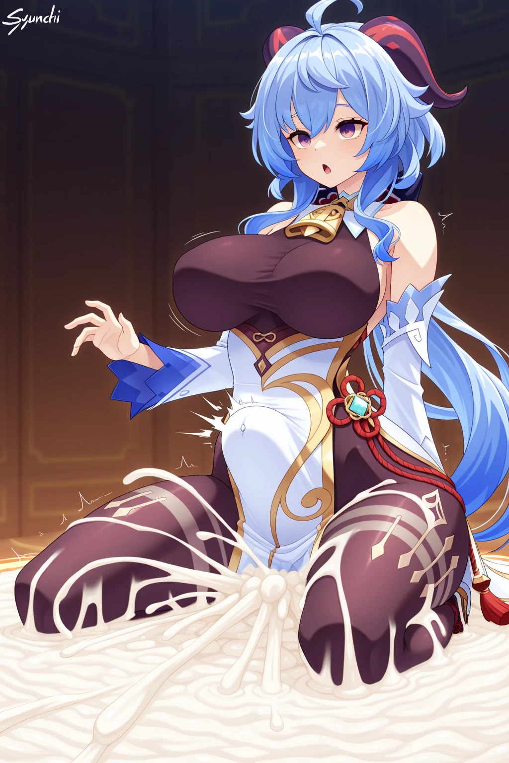 1girl,solo,long hair,open mouth,smile,upper body,blue hair, blue eyes, detached sleeves,Large blue sphere hair ornament,bare shoulders,single hair ring,green ribbon,blue shirt,Females in heat,blush,super huge breasts,slender,looking at viewer,near,bar