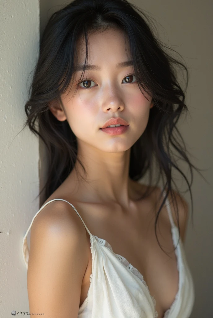See-through tops,camisole、(背景にWhite wall、Some of her hair is sky blue:1.4)、White wall、In front of a white door、(窓のあるWhite wallの部屋)、((highest quality、8k、masterpiece:1.3))、Ultra-high resolution、(photoGenuineistic:1.4)、RAW Photos、Japanese,(face)、Genuine、Photographed in natural light、Highly detailed face and skin texture、Highly detailed lips、The correct state of the human body、Medium Hair、Black Hair、Various poses、Natural color lip