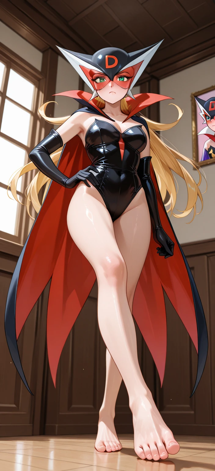 (masterpiece:1.3),(highest quality:1.4),(Super detailed:1.5),8k,High resolution,(an extremely delicate and beautiful:1.8),Official Art,Perfect Anatomy,(90s anime,90s anime style,Cel-shaded anime:1.17),(anime screencap,anime coloring:1.25),((Doronjo:1.52)),Perfect Face, (Accurate hand and finger depiction), (Doronjo Mask), ((Black see-through leotard costume)), ((A large red D is engraved on the front of the mask)),(((full body))),