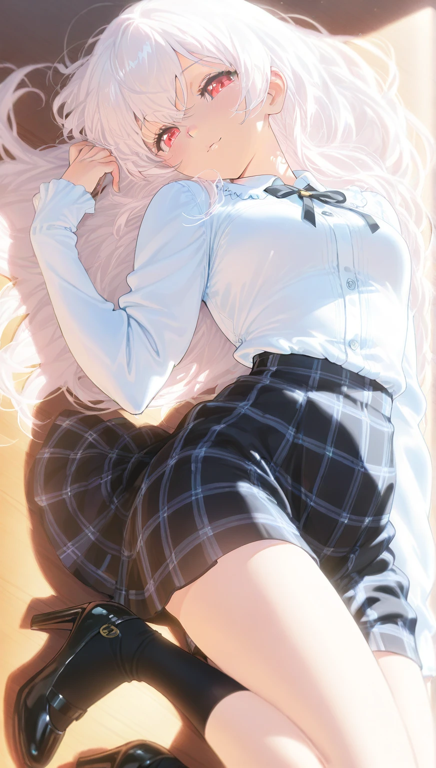 shot from behind、close-up shot of hip、lowfers、all-fours、back view,ass,butt up,back shot,ass,butt up、(school uniforms:1.3), (white
solid-color clothes around
waist:1.5), (knot on waist:1.3), (white collared-shirt:1.4), ((white collar, unbutton, short sleeve):1.2), (red plaid-pattern pleated-skirt:1.3), ((necklace, colorful bracelet, X hair ornament):1.2),
ultra-detailed、(8k, RAW photo, best quality, masterpiece:1.2), (extremely detailed 8k wallpaper),illustration、professional lighting,sharp focus, depth of field、
nsfw、clear eyes、perfect anatomia、girl with、15yo student、Black Gal(dark-skinned:1.2)、smile、Plump thighs、Larger buttocks、Lift skirt、huge tit、a blond、(makeup:1.1)、(Loose socks below the knee:1.2)、schools、Pure white panties、Emphasis on the streaks of the panties、Fully exposed pure white panties