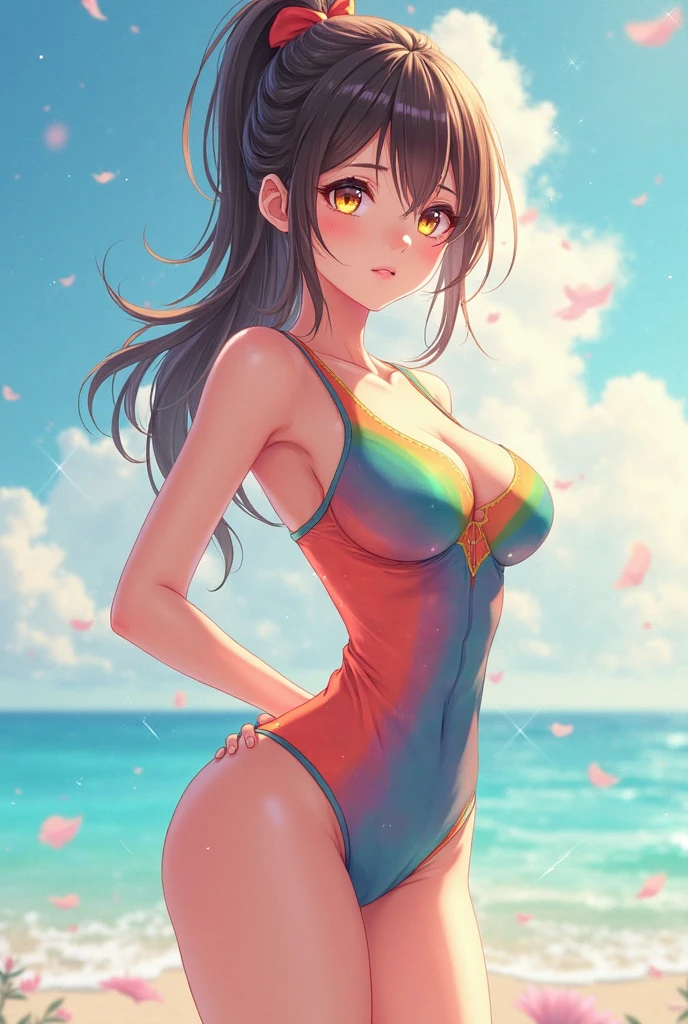 1 girl in, serene expression, ojos morados fascinantes, largo, ((cabello rosado lacio)), (((Light yellow turtleneck swimsuit))), (((sentada en una roca con las piernas cruzadas))),postura serena, piel de porcelana, rubor sutil, (edge lighting): 1.2, warm tones, resplandor solar, sombras suaves, colores vibrantes, Pictorial effect, Dreamy atmosphere BREAK scenic lake, Distant mountains, salsa, aguas tranquilas, reflejo, nubes iluminadas por el sol, ambiente tranquilo, Idyllic sunset, ultra detallado, arte oficial, fondo de pantalla de unidad 8k, Zentangle, mandala,