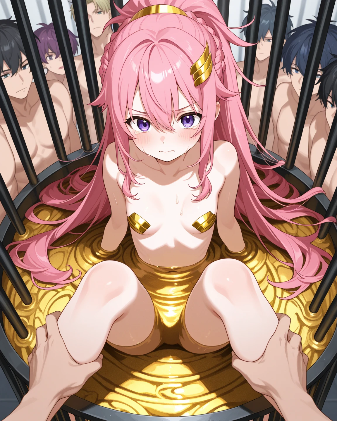 Blonde, naked, lying on the floor, nipples, legs spread in an M-shape, pussy being pounded from below by a tentacle with protrusions, arms hanging from chains, legs restrained to a machine, armpits, mouth open and drooling, machine rape, blindfolded, tentacle inserted deep into female genitals, drooling, small breasts, tiny breasts, stick stuck in pussy, braids, legs spread in an M-shape, tentacle inserted into pussy, squirting from pussy, knees raised