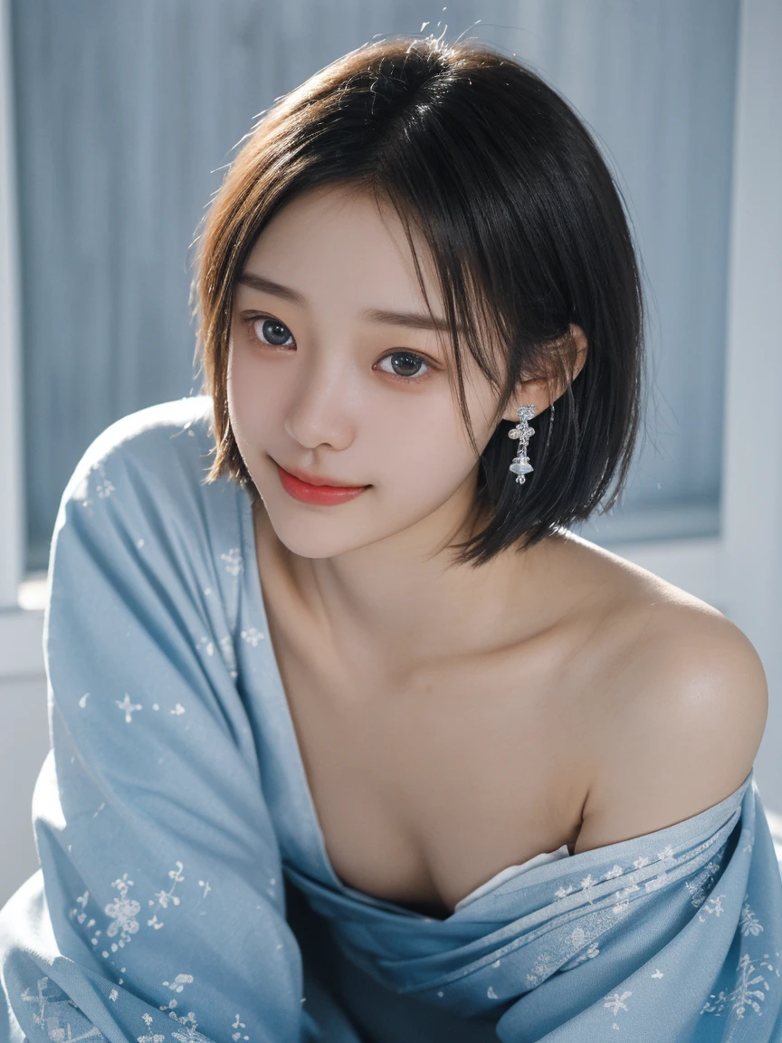 1girl, short hair, 20 year old, beautiful smile, (abstract background:1.46), (detailed breasts:1.2), cinematic lighting, soft colors, elegant, highly detailed, photorealistic, 8k, best quality, masterpiece
