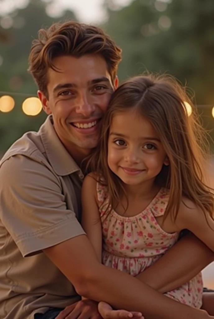 young father with his 8 year old daughter is camping at the lake
