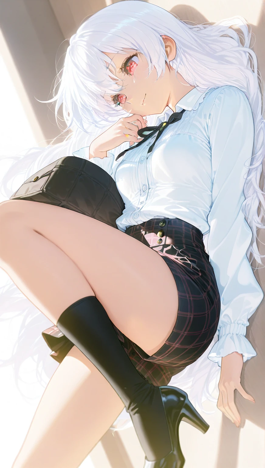 masterpiece, best quality, very aesthetic, absurdres, 1girl, mature_lady, 1girl, thighhighs,one thighhigh is white, another thighhigh is black, white stocking, black stocking, pleated skirt, shirt tucked in, tented shirt,bow, wet_clothes,raining,waterdrop,,honma_meiko, ano_hi_mita_hana_no_namae_wo_bokutachi_wa_mada_shiranai, 1girl, blue_eyes, long_hair, white_hair, bare_arms, bare_legs, barefoot, flat_chest, neck_ribbon, ribbon, sidelocks, star_(symbol),,on a ship,floating_clothes