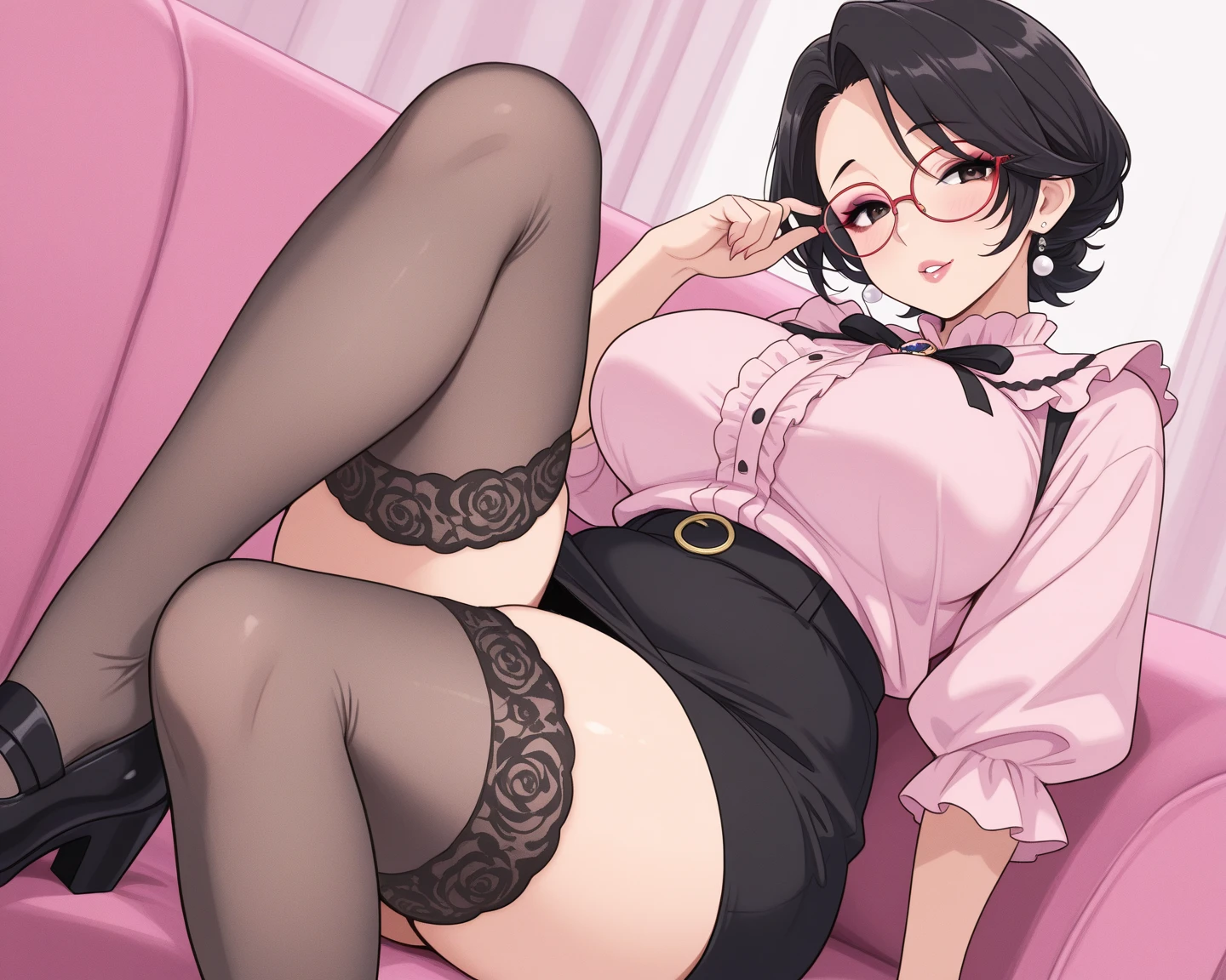 (table top, highest quality, High resolution, , perfect pixel, 4k,), 1 girl, single, alone, Beautiful woman、I could see the whole body、 ((wavy short hair, bangs, brown hair)), ((brown eyes, beautiful eyelashes, realistic eyes)), ((detailed face, blush:1.2)), ((smooth texture:0.75, realistic texture:0.65, realistic:1.1, Anime CG style)), medium breasts, dynamic angle, perfect body, ((, female teacher, , earrings、necklace、turtleneck sweater、、black knee high stockings、open both legs wide、、shy smile、sit at a desk in the classroom、emphasize the chest)), Upper grade、、、evening、、(pink lace panties are visible、、(、)、angle from below)、