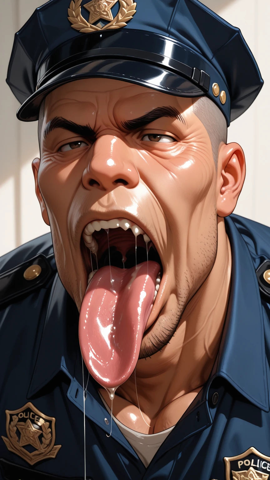 Super muscular boar beastman,Wear a uniform,Blindfold,A desperate and painful look,Mouth wide open with tongue sticking out,Getting cumshot in the face by some guys,(Surrounded by huge, red and black erect penises),(A large amount of semen all over the face),Head grabbed