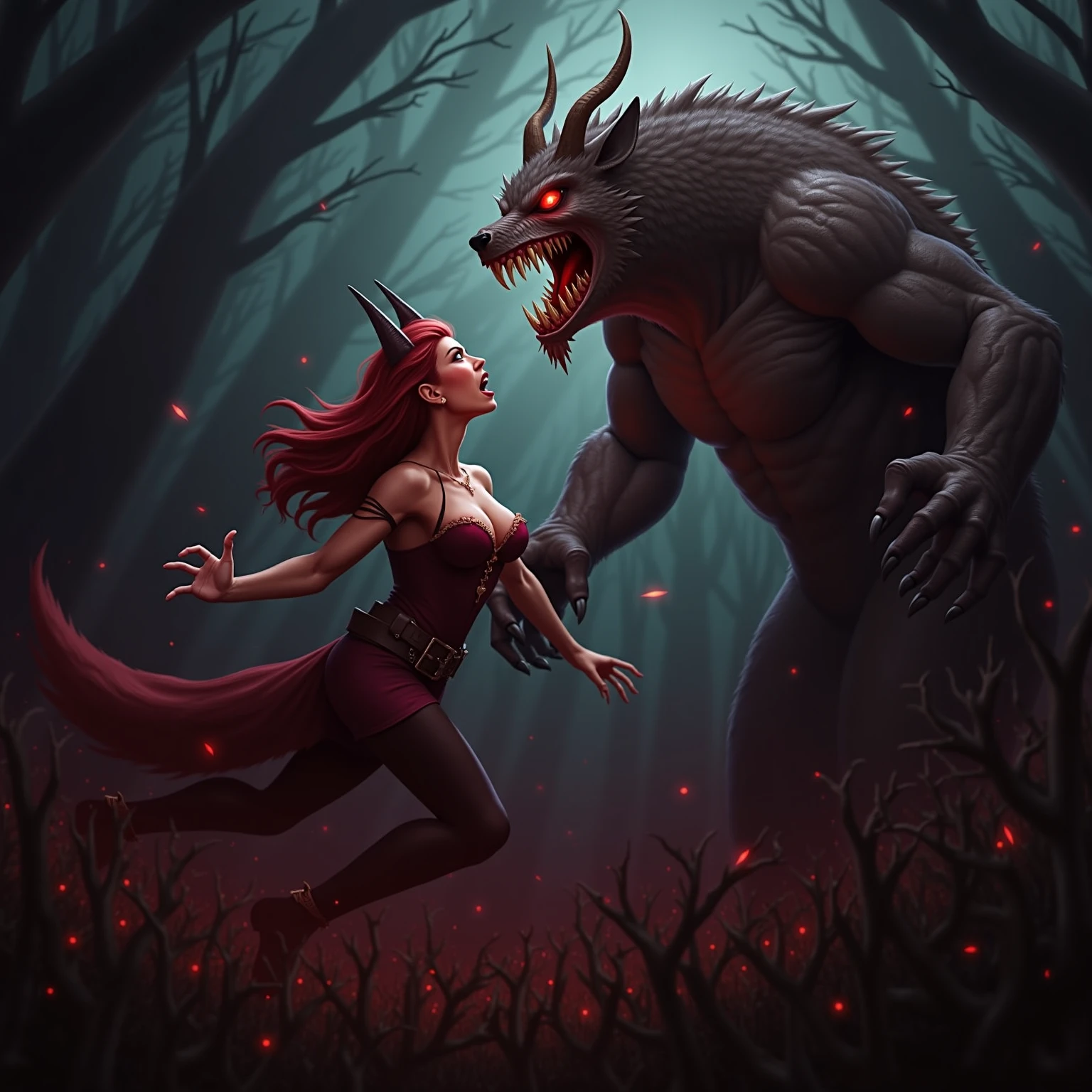 "A terrifying, shadowy creature lunges at Sarah and Jack. Its form is dark and smoky, with glowing red eyes and long, clawed hands. Sarah is screaming and swinging a branch, trying to fend off the creature in a chaotic scene."
