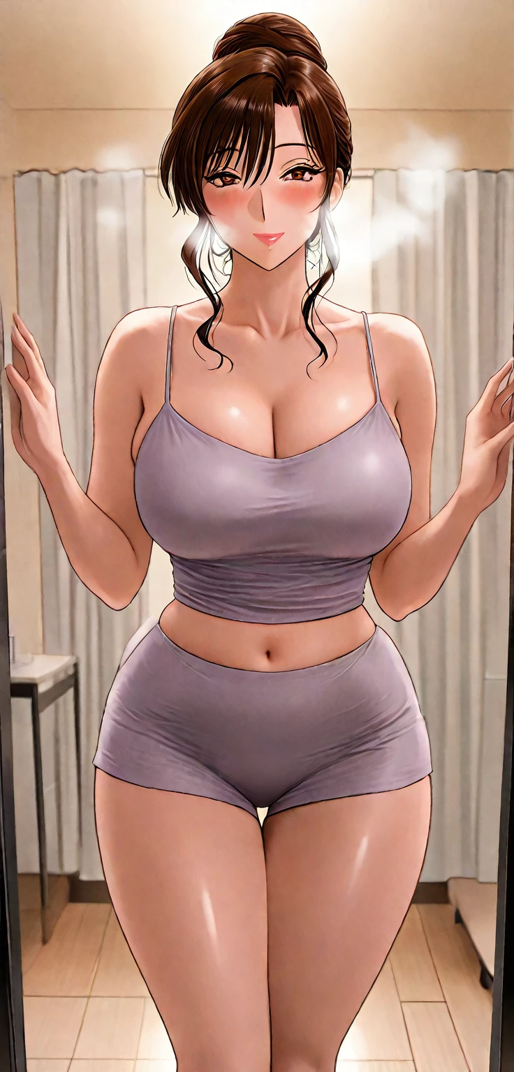 a beautiful woman artwork ultra detailed artwork, woman 32 years old beautiful face whim,very well lit perfect skin beautiful mouth lipstick mischievous smile, sexy face,ultra detailed dark brown hair.Natural brightness,very hot perfect body ,very hot huge breasts big breasts ,Breasts huge,Slim waist wide hips,perfect leg ,She wears very tight white transparent lycra shorts, drawing curves( big cameltoe pussy buceta volume big pussy )red strapless with white polka dots squeezing her immense breasts