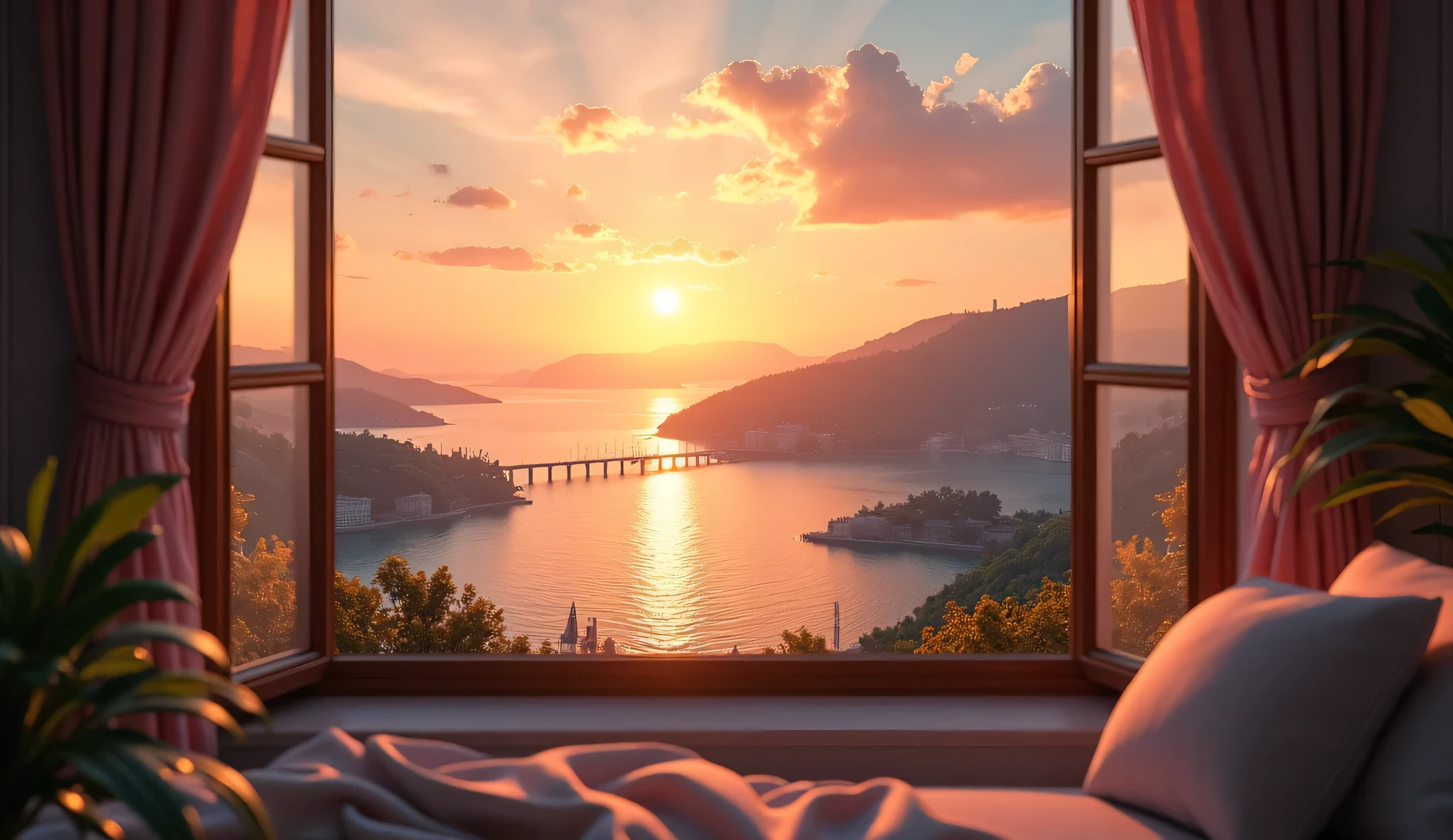 Scenery seen from the window,Windowside with a view of the sunset、high quality realistic 3d rendering,precise texture,Sparkling night view,Deep Color,sophisticated composition,Charming Atmosphere,Delicate Details,Exquisite Bokeh ,Masterpiece,sea,Bridges connecting islands