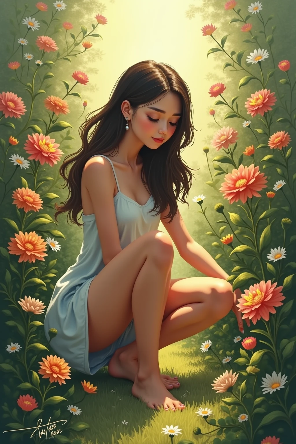 Japanese Beautiful Woman without clothes full body squat, spiral staircase and butterflies
