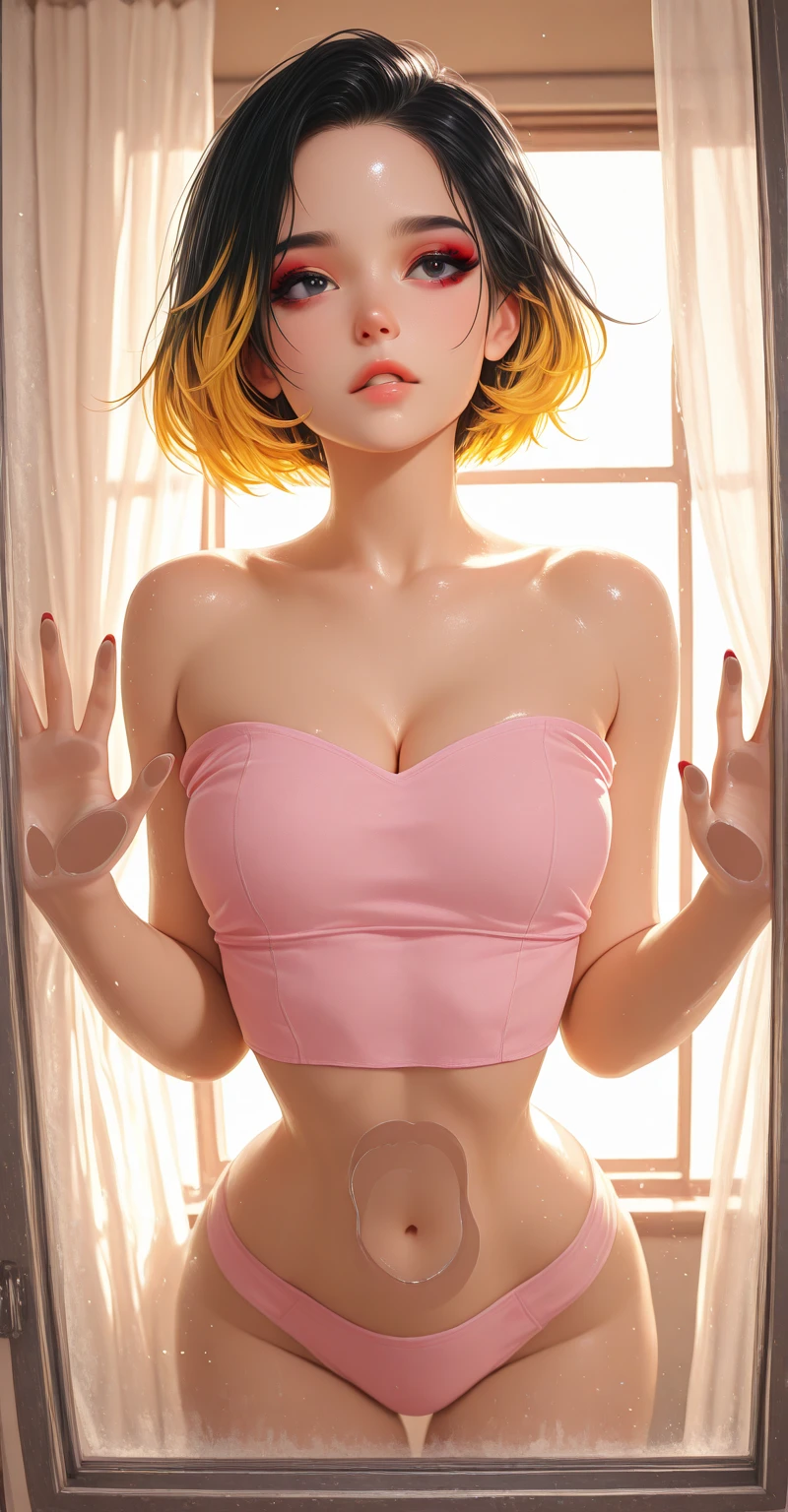 masterpiece, best quality, very aesthetic, absurdres, (masterpiece:1.35), (very aesthetic, best quality:1.3), highly detailed, volumetric lighting, absurdres, dramatic lighting, hyperdetailed realism, addmicrodetails, realistic 3d artstyle, detailed shading, realistic skin textures, female focus, solo, 3d anime style, perfect cleavage, hyperrealistic skin texture, detailed eyes, detailed shadows, flawless skin, dark eyes, female focus, tan skin, dark skin, smooth masterpiece, wide angle, scene, shiny skin,

flawless skin, 

Dark background, sharp detail, through window, soft, volumetric lighting, RTX, open window, silk curtains, cool color pallete, 
1girl, young woman, petite, (slender), (very narrow waist), white hair, blonde, black hair, 2-tone hair, realistic hair, short hair, attractive, red nails, lips, eyelashes, eyeliner, perfect eyebrows, perfect cleavage, parted lips, (very narrow waist),  skindentations, hip_indentations, 

detailed textures, view from outside, chromatic aberration, light particles, looking out the window, standing, facing window, tube-top, panties, pink clothing, matching clothing, breasts on glass, against glass, 
