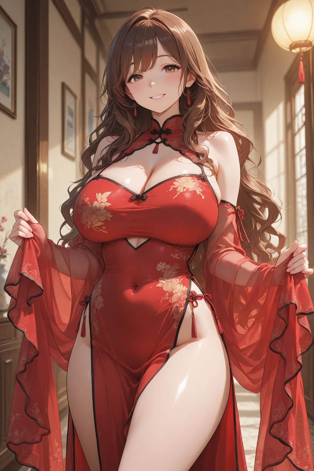 (masterpiece, best quality, hires, high resolution:1.2, 4k, 8k , high quality), extremely detailed, realistic, intricate details, highres, 1girl, solo, red long hair, blue eyes, blush, freckles, (large breasts, thick thighs, wide hips), arched back,(cinematic lighting, sunlight, perfect lighting, backlighting), eye-level shot, extreme close-up-shot, looking at viewer,  
 <lora:LaGaVerSidelessChinaDressV2f:0.8> china dress