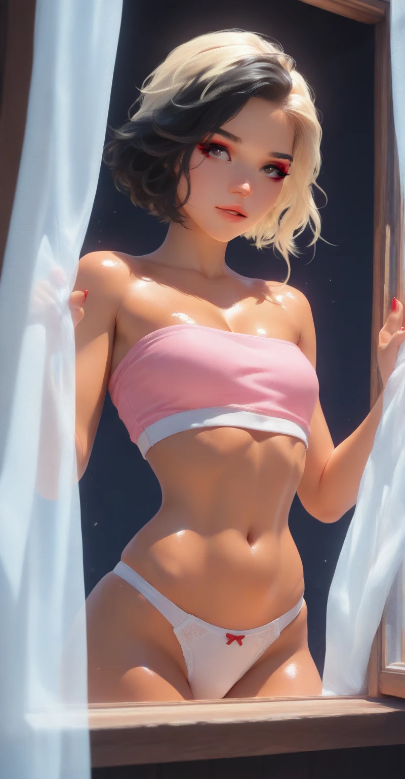 obra-prima, Ultra High Definition, maximum resolution, 8k, Olivia Thirlby, identical face, (white hair), soio, corpo inteiro, magra, quadris largos, bumbum grande, Rosto detalhado, Olhos muito detalhados, wear a micro bikini, studio illumination, sorriso meigo, Side view