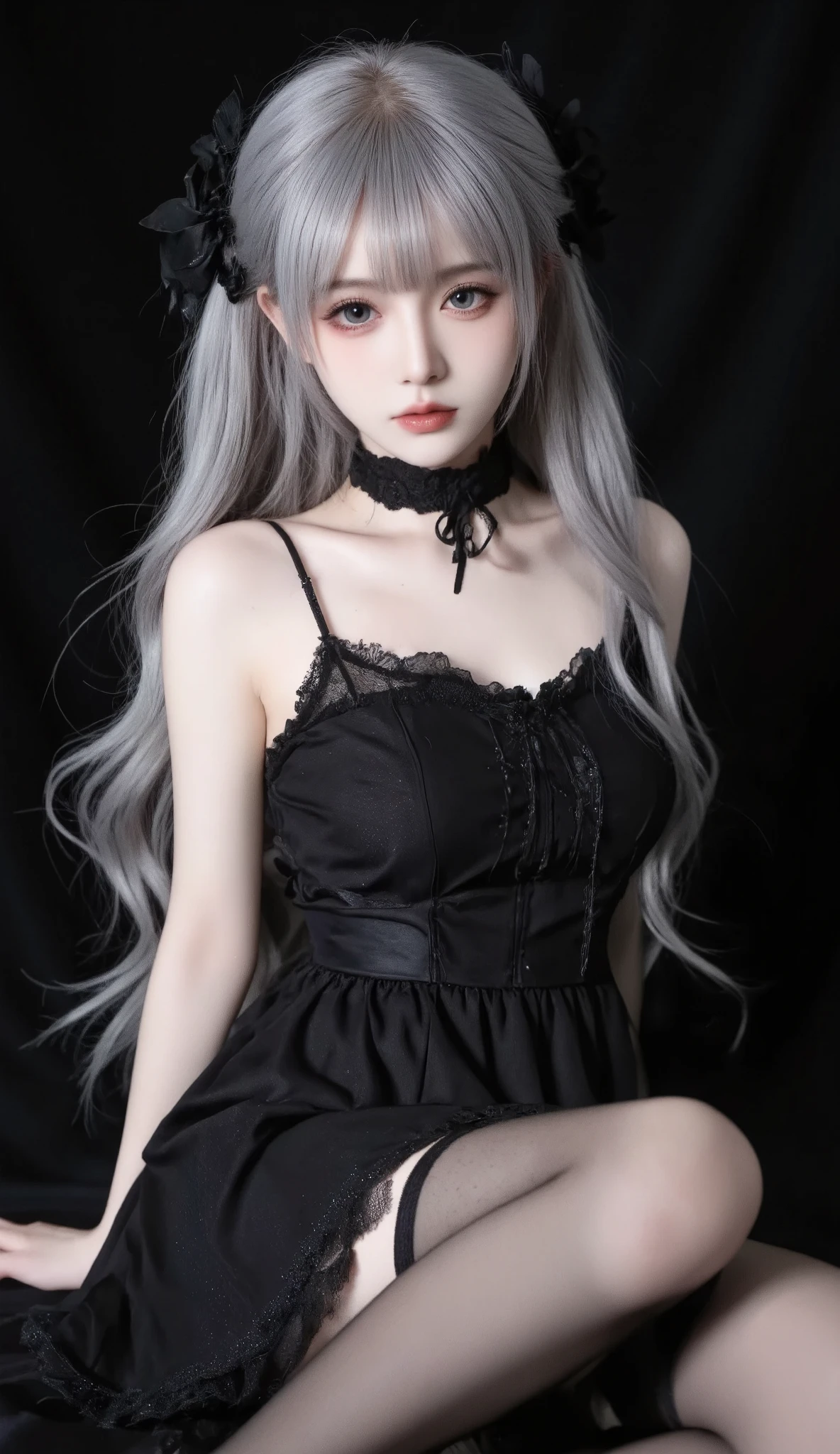 (((masterpiece, top quality, super detailed))), A doll-like woman in the style of a goth loli, 18 years old, Accurate Anatomy (beautiful gray eyes, Very, Very large slitted eyes, is exquisite, Lonely, Beautiful eyes , Very, Very Long eyelashes, Thin nose, Small Mouth, thin lips, thin body, slightly Long neck, slightly slender shoulders, Long thin arms, Long thin legs), Accurate posture (facing forward), Precise makeup (Unhealthy skin, Natural makeup , Light Brown Eyeshadow, Very light pink blush, natural and natural Very light pink lipstick), Accurate skin ( clear white , flawless), Accurate hair (Overall accuracy is greatly improved, vertically curled silver, Long, beautiful gray eyes), Accurate outfit (bright and clean silver hair, lace and black roses, black dress with ruffles), Precise lighting (Dim low light, Oblique light) Photographic equipment (SLR, Single focus lens), set (f/1.8, S400, ISO 100), Accurate background (Pure black ), A highly realistic photograph that accurately captures the entire body, (((Very long, creating a super detailed and realistic image))).black stockings,Sitting