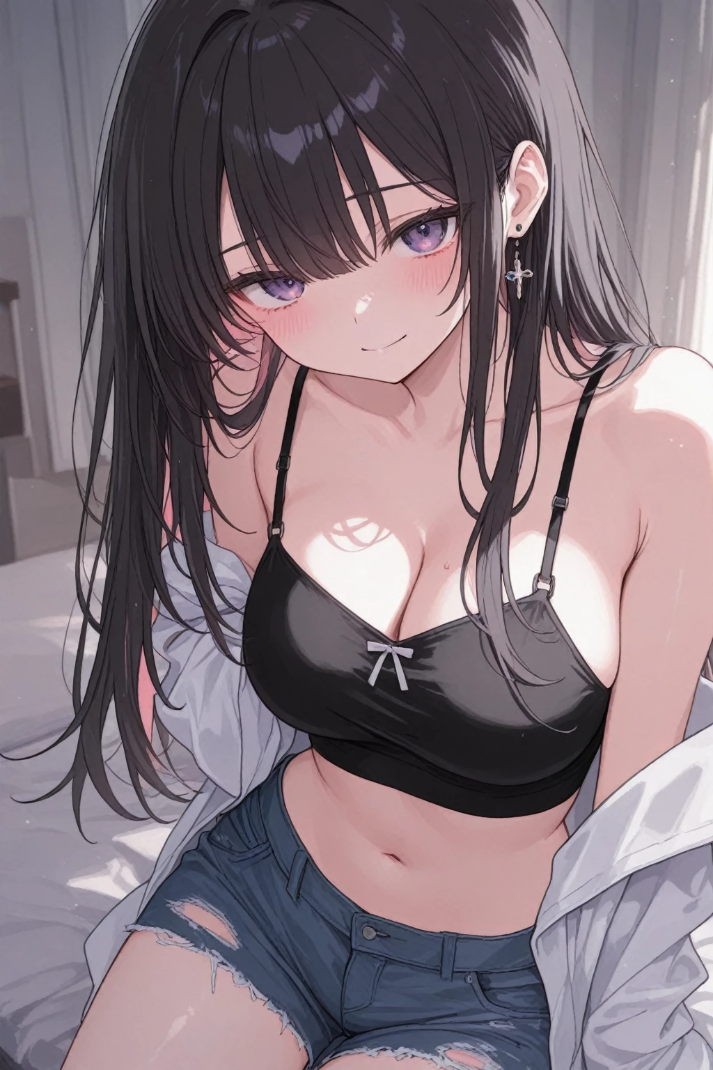 1 girl, black hair, long hair, straight hair, black eyes ,1 girl in the bedroom, Big breasts, white panties, white bra,cleavage,take off clothes, undressing, morning, sunlight, best shadows, best lighting, extended down blouse,