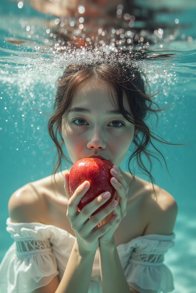Woman with dark sunglasses underwater with 45 apples of different colors