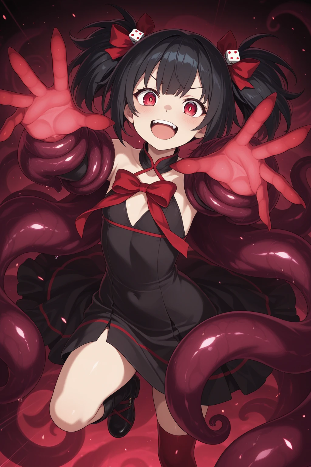 ((Girl fused with tentacles. Tentacles from the skirt)). School uniform. Black costume. A dark-haired. The long-haired. Cropped bangs. natta.two eyes sticking out of the head,,. Peek out from overhead creatures with large mouths. Invincible smile. Short skirt. natta. Back alley