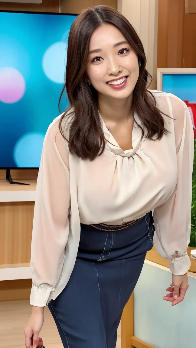 1girl, the beautiful tv host is lifting her skirt gracefully reaviling her astonishing hairy pussy, announcer, skirtlift during the news program, cowboy shot, at a tv studio, weathercast