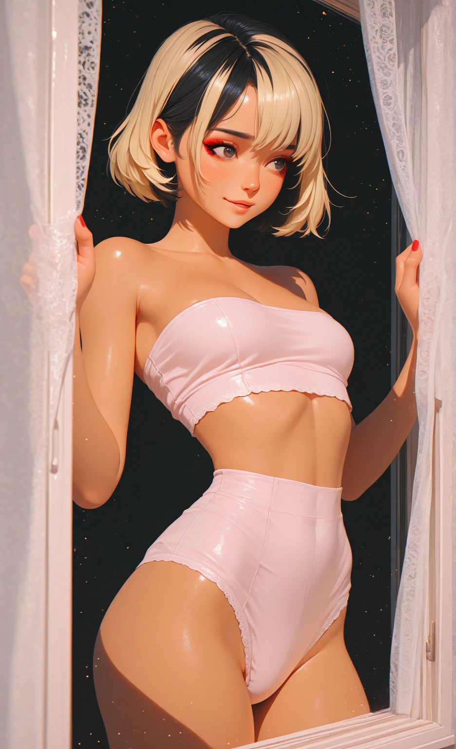 girl, skin tight pink ballerina dancing outfit, sweating, blonde pigtails