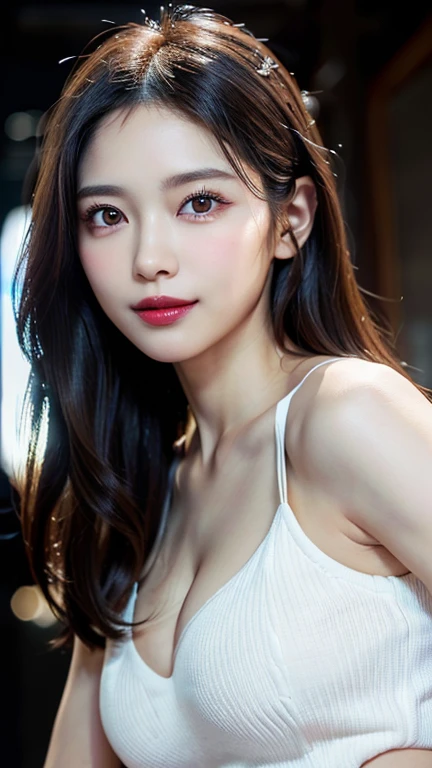 1 girl, national foundation, ((8k, raw, masterpiece: 1.5)), (Professional photography, sharp:1.2), Perfect dynamic composition, (Natural sun light), (soft shadow), (Perfect body:1.4), (((skinny figure))), ((huge round breasts: 1.35)), (((((medium long hair,bangs))))), Ultra-detailed faces and skin, perfect asian, White skin, (Delicate skin:1.4), (latex skin:0.4), (perfect glowing skin:0.6), light brown eyes, beautiful eyes, round eyes, pretty face, blush, glossy lips, ((plump lips)), glossy eyes, Really moist skin, looking at camera, Elegant pearl necklace, Elegant earrings, minimalist, (((red tank top)))