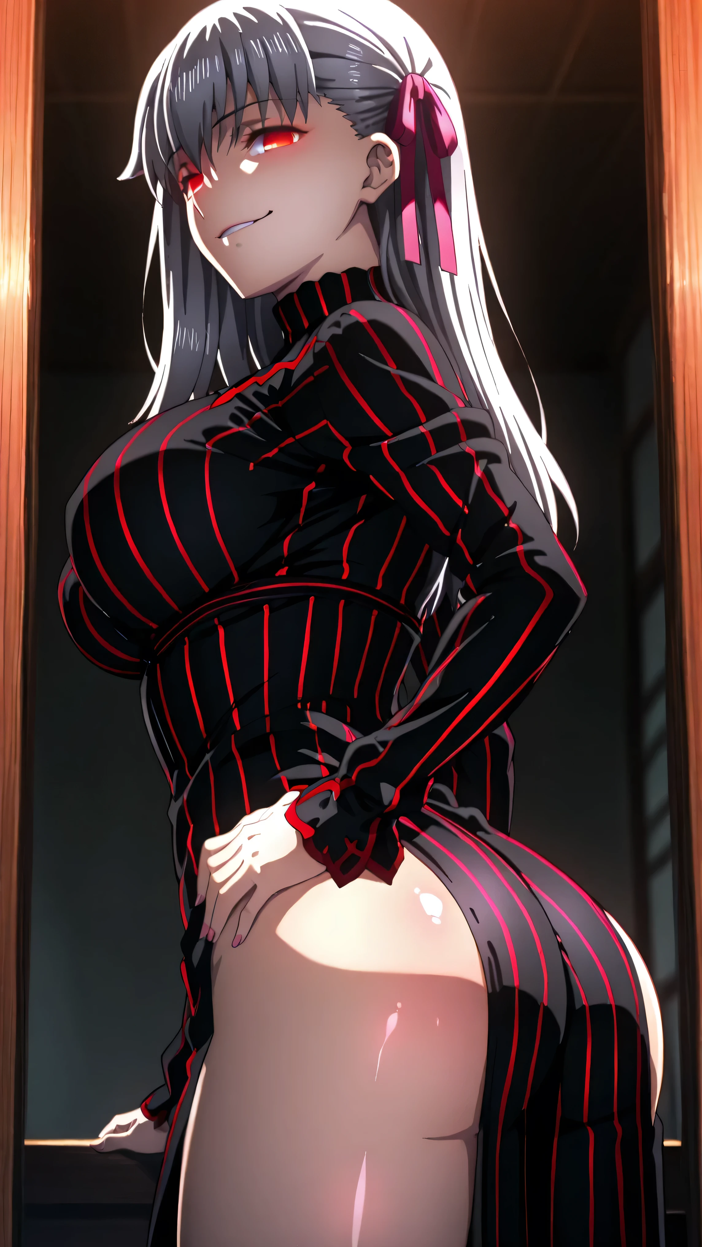 1girl, solo, ,matou sakura , Dark Persona , corruption, striped dress, Black Dress, Turtleneck, gray hair, Red Eyes, , ,ufotable style, ufotable anime.big breasts、big ass、straight long hair,high resolution, masterpiece, necessary, detail, best quality, quality, necessary, details, High details, front view, , standing, evil look, smug smile,one hand on hip, showing the , agirl,(shiny skin:1.3),looking at viewer,
