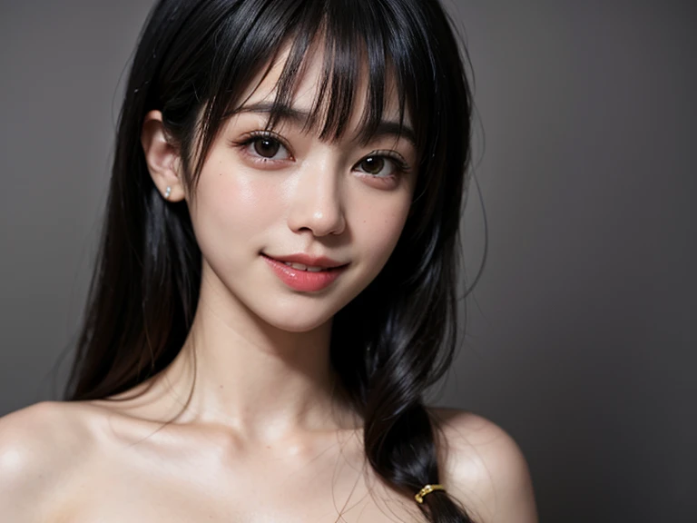 bangs,smiling, Background blur, High resolution, Hair quality straight、Very long hair, chest, Beautiful eyes