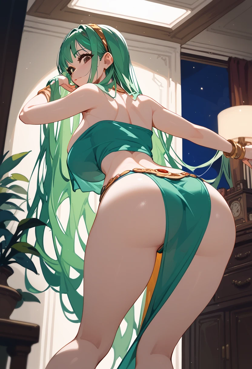 Draw Bella, an anime-style female character.  long green hair, thin green eyebrows, green eyes.  small firm and perky breasts, thin waist, big and perky ass, very hot athletic body.  She is dancing funk with her body bent and knees bent with her hands on her knees, sticking her ass out and wiggling her hips.  hips.  She's wearing a purple crop top and a full mini skirt blowing in the wind.  wearing a thong underneath her skirt, buried in her ass, exposing her pussy.  view from the back from the bottom up with the hot ass in focus.