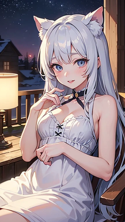 masutepiece　 The highest image quality　Super vivid　high-detail　One Young Woman（（Adults））　White Long Gloves（（blanche）（Long gloves））　white stockings（（blanche）（Stockings））　an lingerie　Wolf ears　shorth hair（（short-cut）（White hair）（Habitual hair）（fluffly））　A smile　Eye color is blue　all-fours