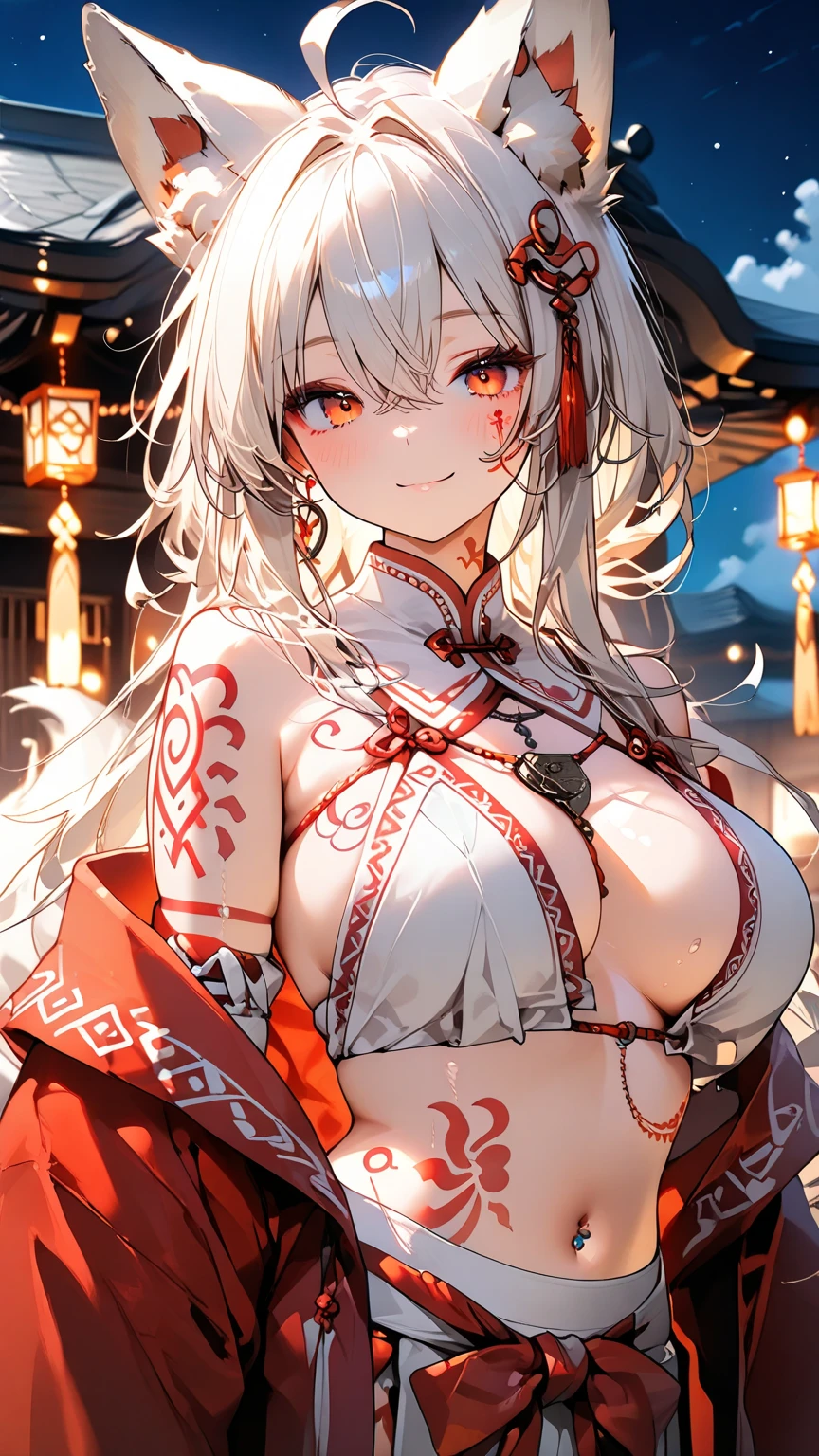 8K,Black light、angerの表現の真の芸術、angerの犬神,bushido,Fighting Poseの50歳の女性,Delicate and beautiful mature dog goddess、1 、Dog Ears,Gray Hair、日本のShrine maiden衣装を着た犬神の女王、anger,Japanese red and white Shrine maiden衣装,Glaring at the viewer,Dynamic Angle,Anthropomorphic Inugami Queen、Long white hair、so beautiful、(Super A)High resolution、Best image quality)、masterpiece、Very delicate and beautiful、Attention to detail,Rich background,((High resolutionスキン))Golden Eyes,teeth、Golden Eyes,Beautiful expression,White tail、red sacred magatama collar、Attractive body、Slim female muscular body,My abdominal muscles are so tight、Super A high resolution,Surreal,Shrine maiden衣装,赤と白のShrine maiden衣装,Wide open chest,Beautiful white bare skin,Dog Ears,Photorealistic RAW photos of the highest quality。Bright colors,Rich colors, Backlight, Cinema Lighting, Film Grain, 50mm lens, Nikon D850,Realistic Skin,Fantasy art,Character Art,超High resolution,Realistic Skin,sunset,very large breasts exposed,Fighting Pose,Shrine maiden'Red Hakama,Fighting Style,Mature Woman,middle aged,Intricate craftsmanship of the Inugami crest,Muscular Beauty,A fearless woman,
