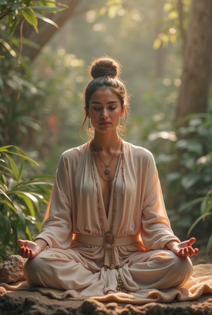 Create a real photograph, of a woman sitting meditating, with a long-sleeved green dress, in a meditative state, in a natural environment, exuberante, quiet, smooth light.
