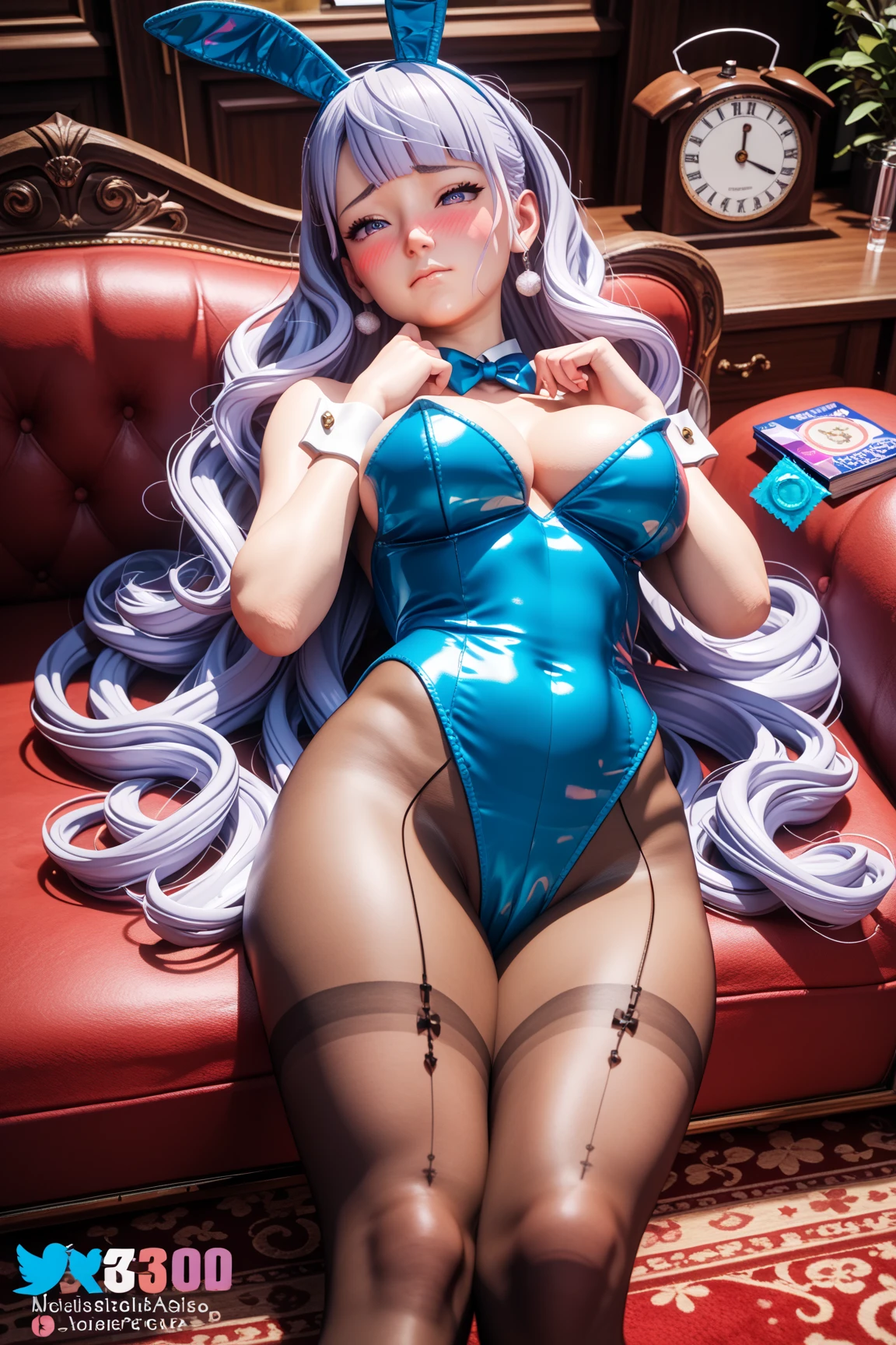 photorealistic, (hyperrealistic: 1.2), beautiful, masterpiece, best quality, extremely detailed face, perfect lighting, eye makeup and detailed, detailed face, beautiful detailed eyes, eye makeup, on top of the bed, inside the room, (rabbit ears, high heels, red eyes, busty, evil smile, lingerie, asymmetrical stockings, (twintails white hair with pink and blue highlights)), standing, full body, ((2.5D anime style))