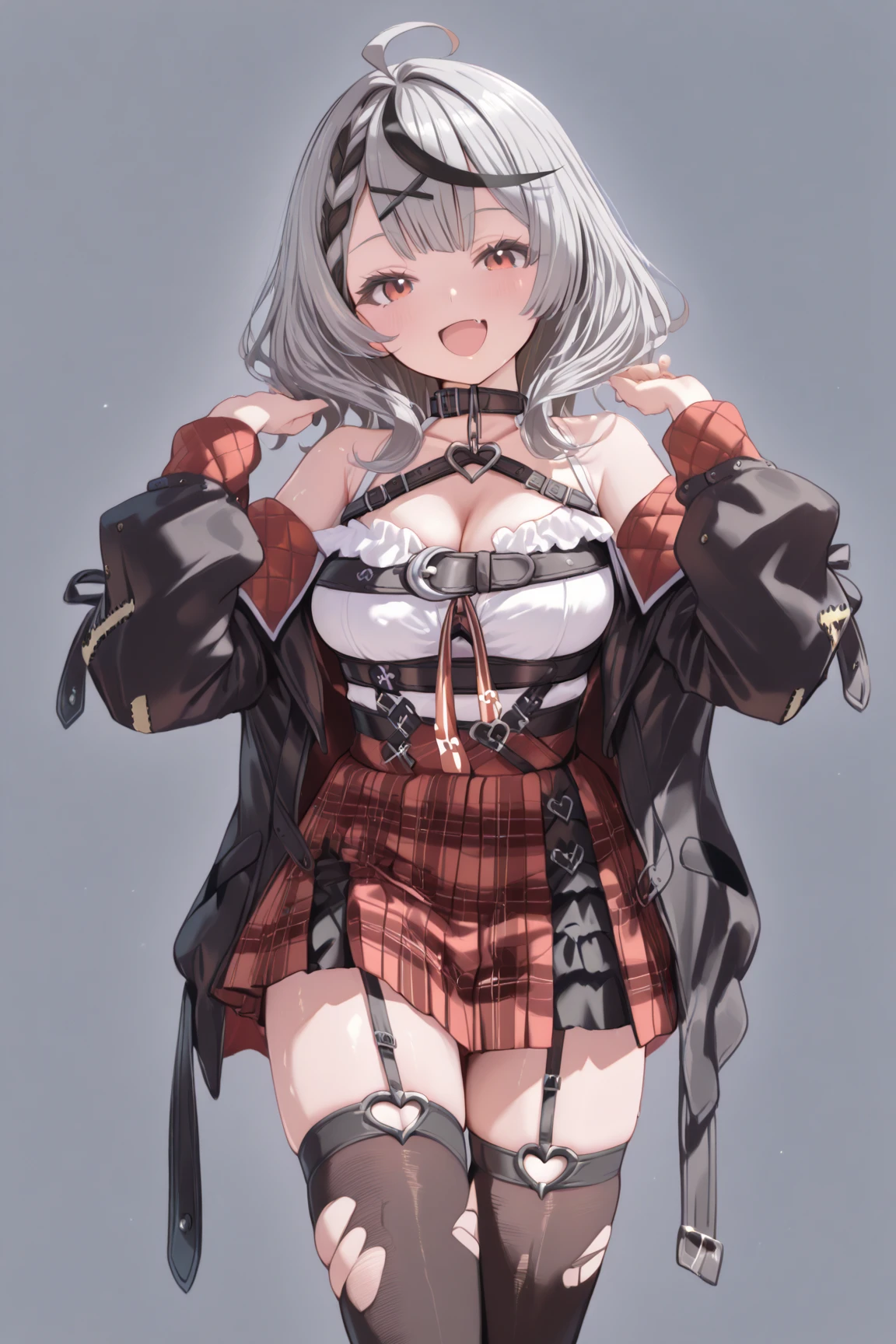 best quality, (masterpiece),(ultra-detailed), (high quality), (high resolution),  1girl, ahoge, animal ears, bangs, black skirt, big breasts, erispheria, hair ornament, hairband, long hair, looking at viewer, night, open mouth, red eyes, shirt, simple background, skirt, shirt, smile, solo, tongue, virtual youtuber, eat ice cream, ahoge, ligenrie, underwear mark, cow print bikini, cowgirl