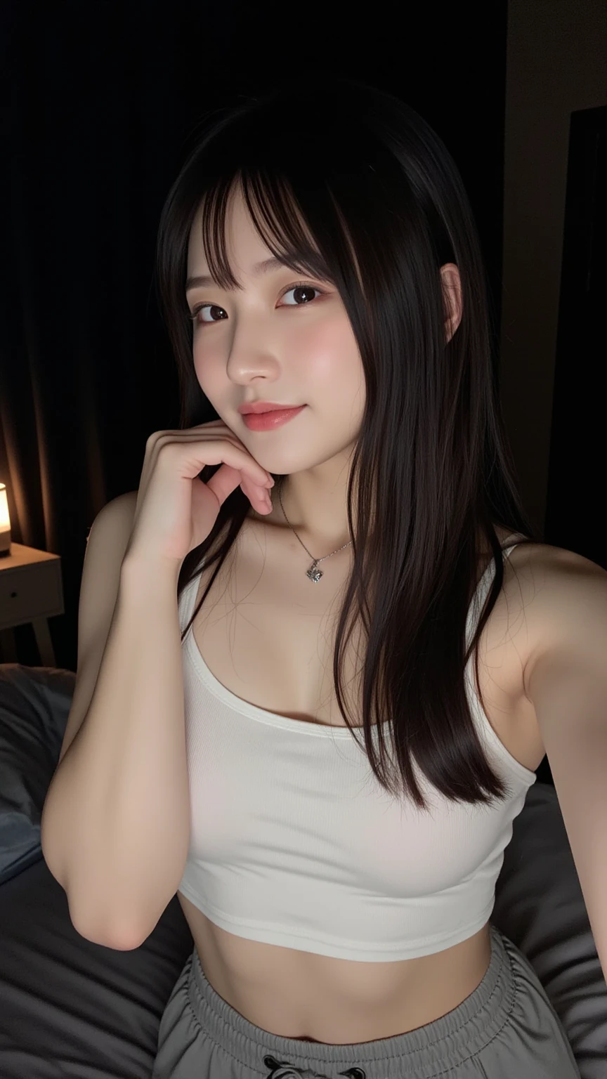 ,masterpiece, best quality, 1 boy, , 1 boy, , ,, ,when he did、、indoor、On the bed,Ultra-detailed, finely detail, hight resolution, 8K Wallpaper, Perfect dynamic composition, Beautiful detailed eyes,,Close-up of face,,Blushing,Facing forward,Long hair ponytail,((8k, Raw photo, Best Quality, Mastepiece:1.2), (Realism, Photorealistic:1.4), (Highly detailed 8K wallpapers), Depth of written boundary, Cinematic Lighting, Soft Light, Detailed Beauty Eye,Shiny and smooth light brown ponytail, Asymmetrical bangs, Shiny skin, Ultra-detailed skins ,It is high resolution., High detail, Detailed hairstyle, Detailed  beauty, Hyper-realistic, Perfect limbs, Perfect  ,1 Japanese girl,Famous Japanese Idols, Perfect female body,A shy smile,Short eyelashes,Double-edged eyelids,Look straight here,Hair style: ponytail,