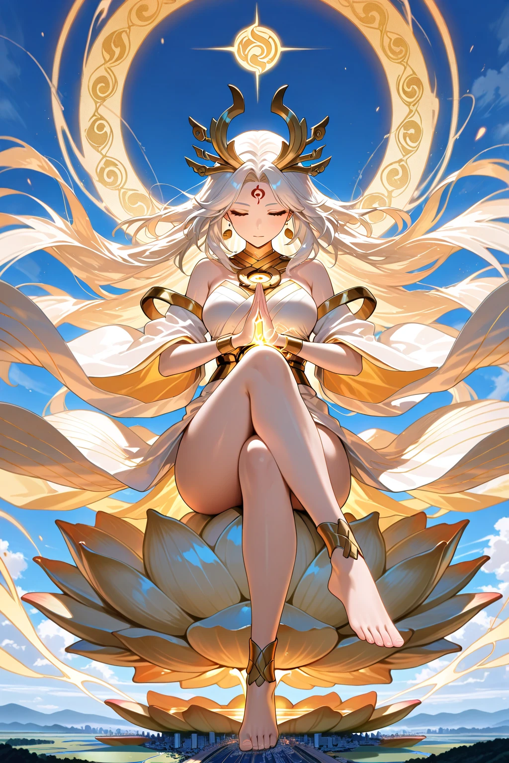 (Avalokiteshvara), Pudu sentient beings, Incarnation of sorrow, Buddhist deity, 1 mature woman, (pregnant mother), Nankai dojo, white silk robe, white socks, white ribbon, white veil, pale face, pitch-black long hair, black pupils, cross-legged meditation, ((super huge breasts)), mother, ((simple style, white lotus background)), Buddhist disciple, saving suffering, great compassion, Pudu sentient beings, extremely solemn, listening to the faithful in the temple, golden pupils, fair skin, meditating cross-legged, without desire and desire,Shaping the holy atmosphere, coiling dragon bun, boundless mana, ancient Chinese aristocracy, beautiful legs, gorgeous ancient Buddhist decoration, (a large number of exquisite white lotus ornaments), perfect flesh full of texture, , scorching rendering effect, jaw-dropping, captivating visual enjoyment, ((best quality)), ((masterpiece)), maximum definition, multi-layered texture, super detailed, illustration, (super detailed face), (perfect face), clear texture, fine texture, Ultra HD detail display, Excellent image performance, High-quality illustrations, perfectly fitting and harmonious tones, deep lines, precise brush strokes, with a strong sense of three-dimensionality and delicate wear, wonderful color matching, intricate details