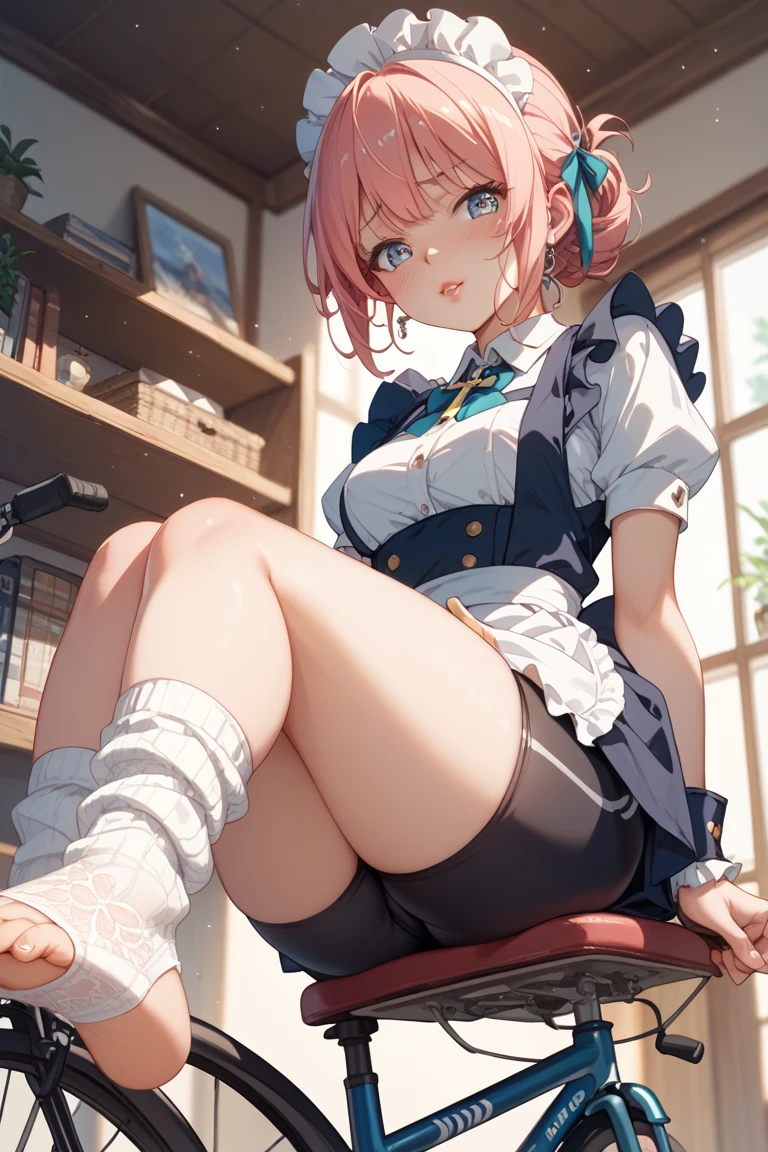masterpiece, Highest quality, pretty girl, 12,Gal,Scrunchie hair ornament, denim pencil mini skirt, pantyhose, Leg belt, necklace, skinny , Pink and black bra,((showing off lace panties)),classroom