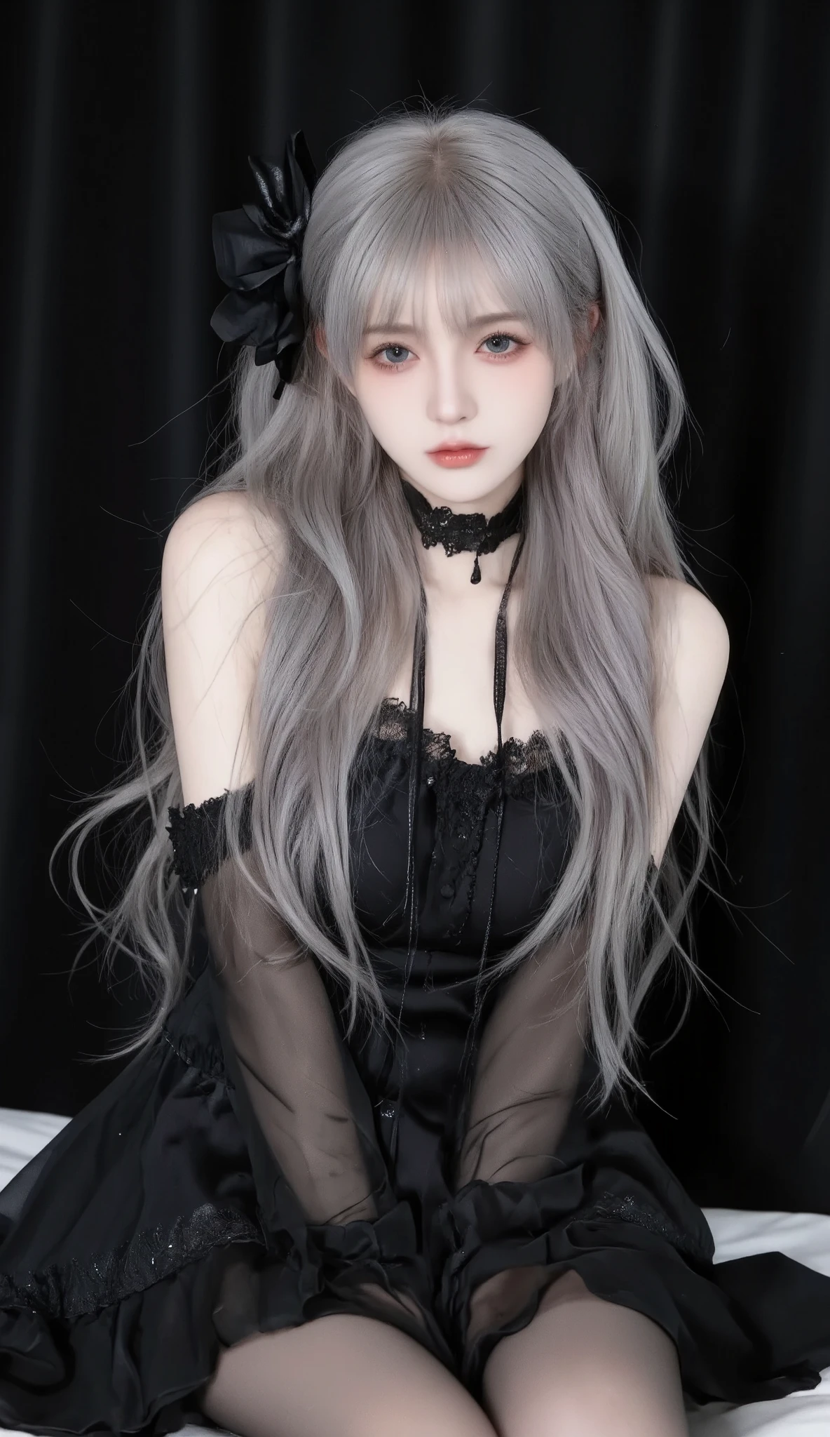 (((masterpiece, top quality, super detailed))), A doll-like woman in the style of a goth loli, 18 years old, Accurate Anatomy (beautiful gray eyes, Very, Very large slitted eyes, is exquisite, Lonely, Beautiful eyes , Very, Very Long eyelashes, Thin nose, Small Mouth, thin lips, thin body, slightly Long neck, slightly slender shoulders, Long thin arms, Long thin legs), Accurate posture (facing forward), Precise makeup (Unhealthy skin, Natural makeup , Light Brown Eyeshadow, Very light pink blush, natural and natural Very light pink lipstick), Accurate skin ( clear white , flawless), Accurate hair (Overall accuracy is greatly improved, vertically curled silver, Long, beautiful gray eyes), Accurate outfit (bright and clean silver hair, lace and black roses, black dress with ruffles), Precise lighting (Dim low light, Oblique light) Photographic equipment (SLR, Single focus lens), set (f/1.8, S400, ISO 100), Accurate background (Pure black ), A highly realistic photograph that accurately captures the entire body, (((Very long, creating a super detailed and realistic image))).black stockings,Sitting