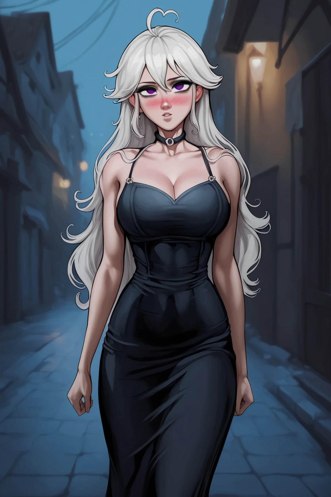 (loonasdxl),medium breasts,cleavage,standing,<lora:loona_sdxl_v1-e11:1>,black dress,standing in city streets,1girl,