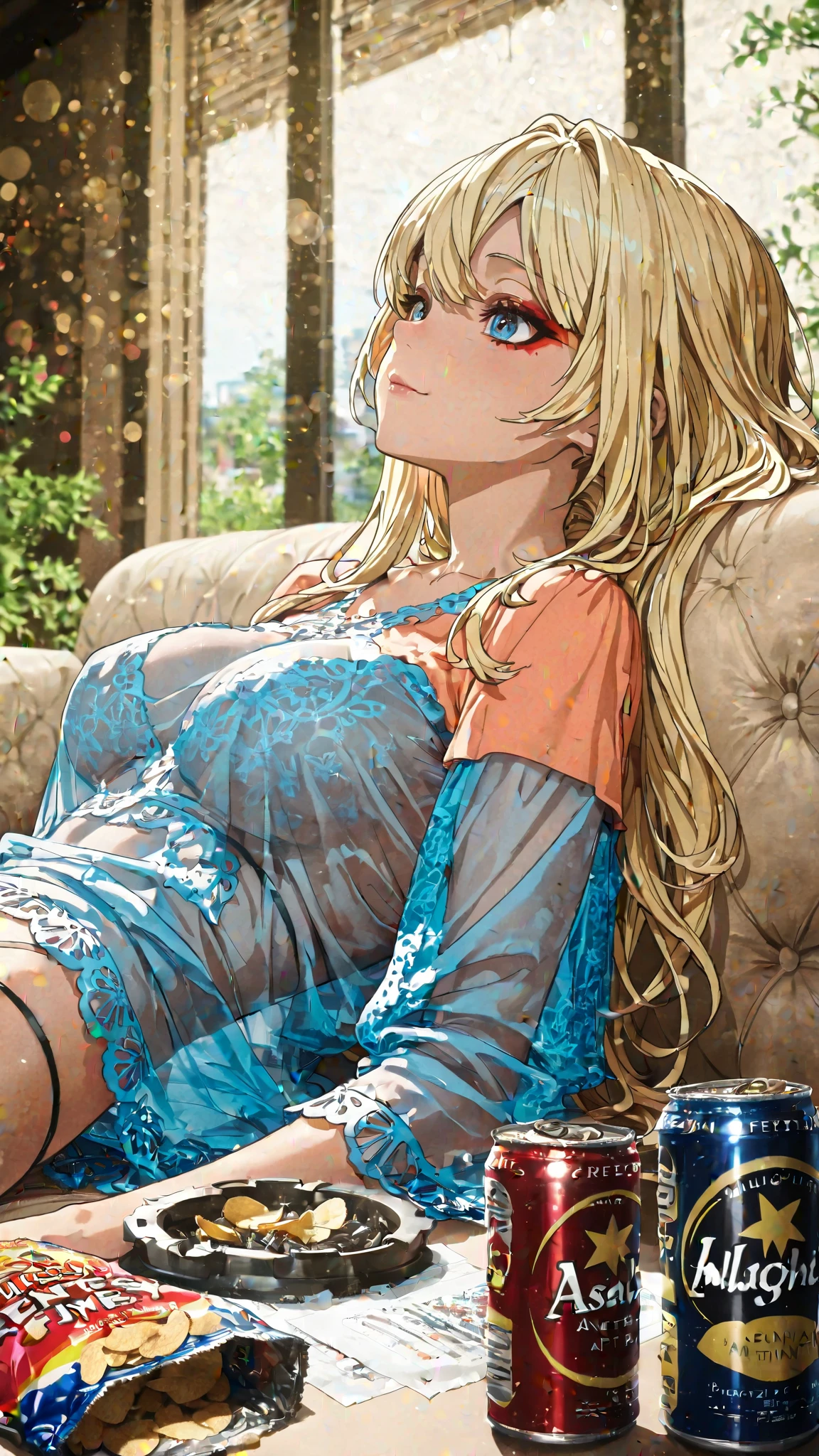 A beautiful mature and seductive woman, long blonde curly hair, blue eyes, patterned transparent dress, sitting on carpet, sexy pose, high-rise building, snow-white translucent skin, snow-white long legs, hands covered, super wide angle, collarbone, perfect body, super high image quality, 8k, black pattern stockings, cleavage, big breast,