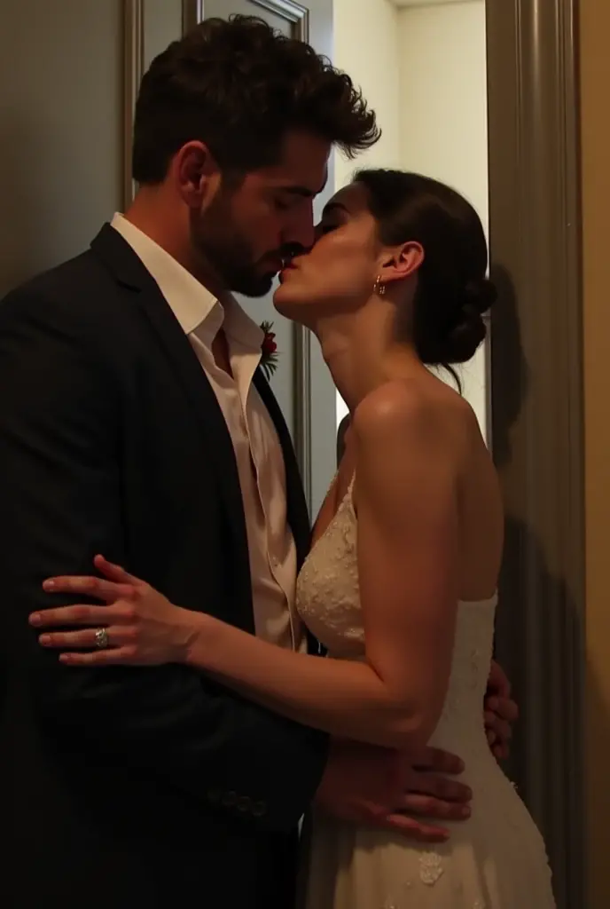 Cuckold chubby white hotwife, brown hair, white bikini, wedding veil, golden necklace, tall man, romantic,man hugging her forma behind, hotel lobby, illustrations, ultra-detailed, realistic, vivid colors, full body picture, warm tones, soft lighting, photo from rear