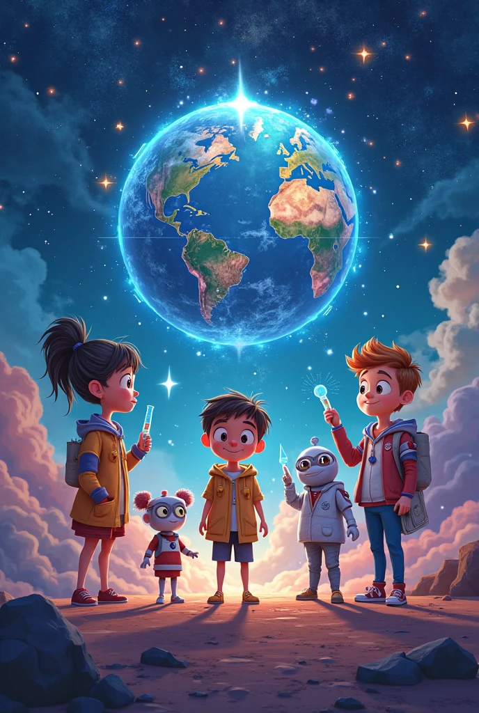introduction:
Bem-vindos ao mundo das viagens espaciais, where brave and curious children will embark on exciting adventures through outer space. Prepare-se para conhecer planetas desconhecidos, fazer amizade com criaturas extraterrestres e aprender sobre o vasto universo que nos rodeia. Cores e estilo: Utilize uma paleta de cores vibrantes, com tons de azul, roxo, verde, rosa, orange and yellow to portray the magic of space. The style should be cheerful and playful, with detailed illustrations that capture the imagination of children and invite them to embark on the adventure together with Pedro and the Gang of Stars.
