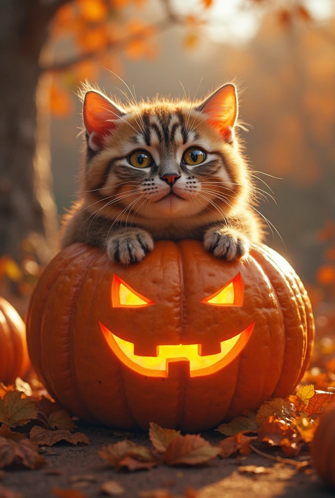 Masterful Photorealistic full body photo of a cute cat in pumpkin hallowing illustration,, detailed photorealistic skin texture, lighting is cinematic, fantastical and intense, (shadows are realistic and accurate, quality of the photo is 8k ultra HD, image is sharp and clear)