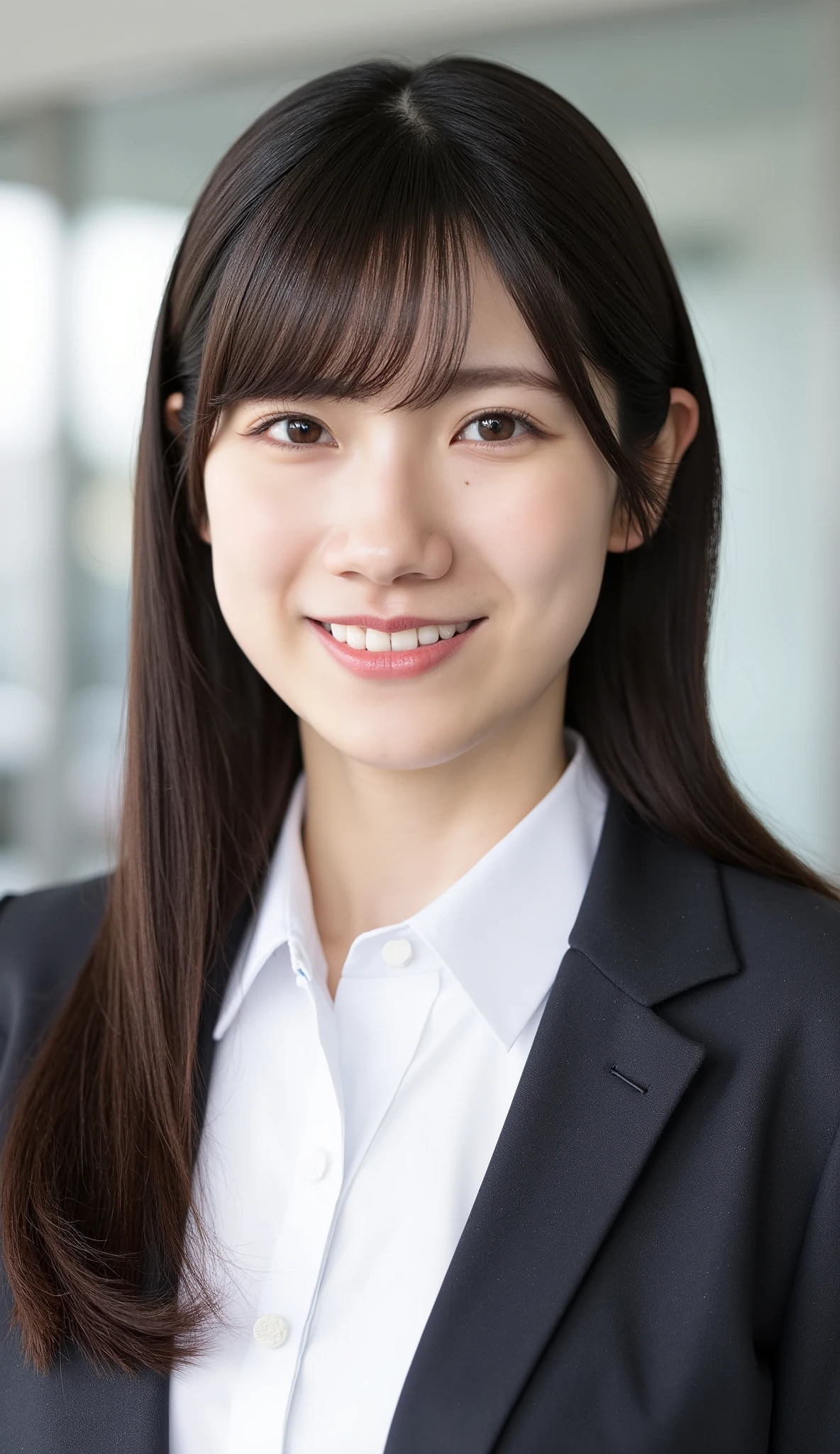 Neat Young Woman、and look at the camera、office lady suit、jacket、shirt、necklace、、ear piercing、薄い茶髪、、Has bangs、smile showing teeth、Bust Up Shot、background is office
