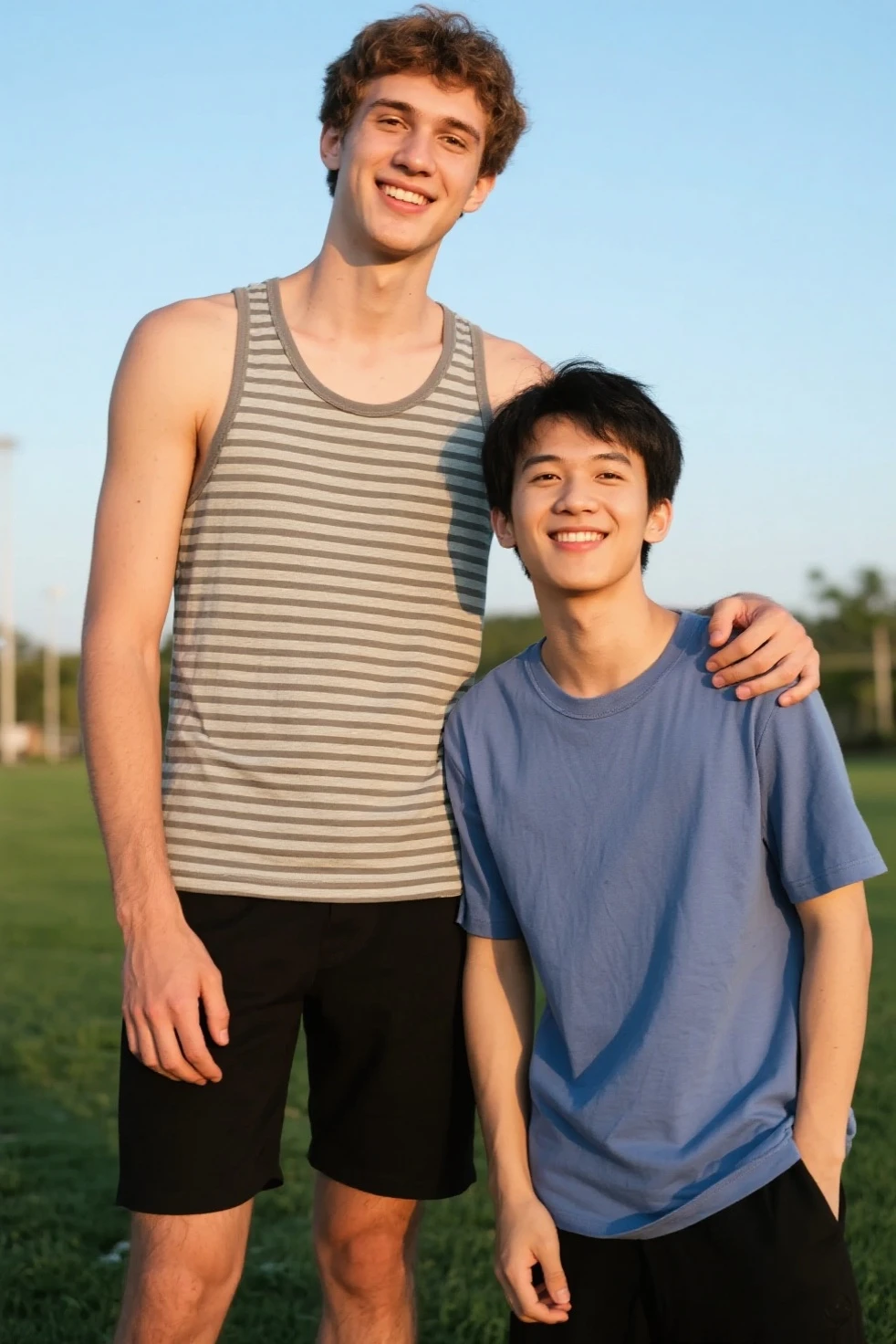 a handsome Korean man, muscular undercut hair, laughing out loud looking at the camera, his husband has a clean, handsome face, wearing a white and tight sleeveless t-shirt, wide black shorts, the background of the afternoon playground bright