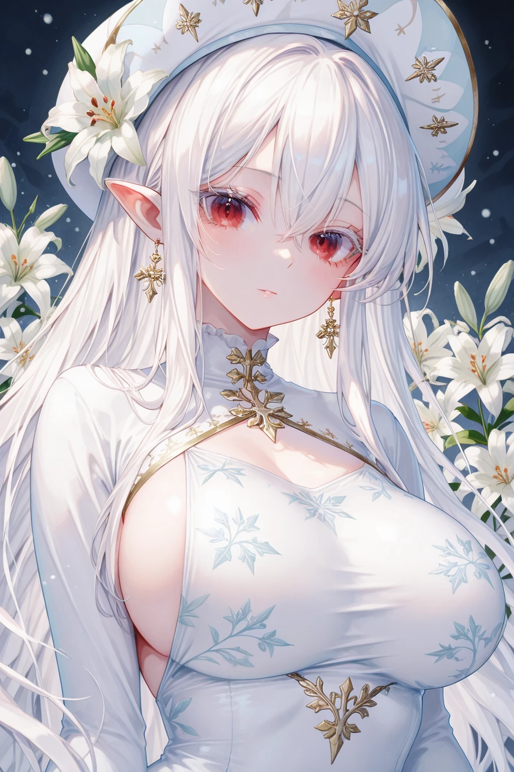 
White Hair, Long Hair、Red eyes ,Blue eyeshadow, One Girl, alone, , Earrings ,Show Viewer, blush, , long white elbow satin gloves, Wedding dress、Clothing covering the chest Jewelry, very, A kind smile, Long white elbow gloves, White gloves, 、whole body、sexy、Knee-high socks、Sweaty。High resolution、8k、Attractive legs、Brown Skin、Elf
