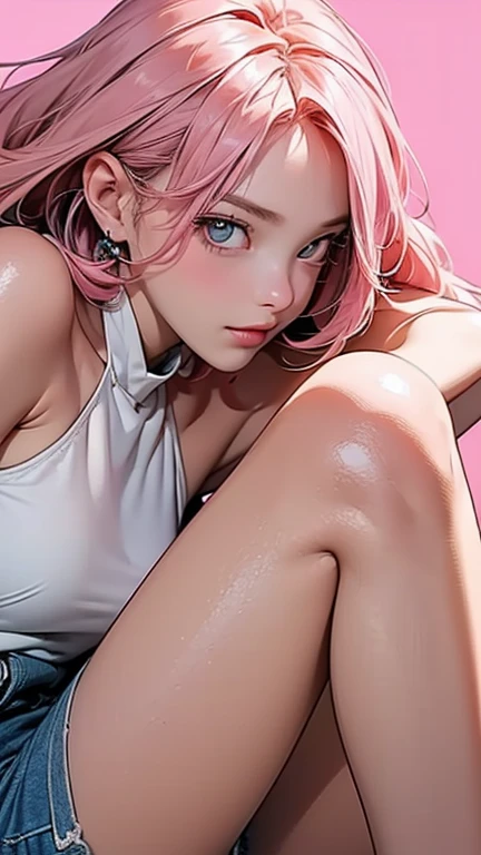 ((best qualtiy, 8K, tmasterpiece:1.3)), perfect bodies, (wetclothes:1.3) , tee shirt:1.1, A detailed eye, 二重まぶた,Whiten the skin,long whitr hair,pink panty