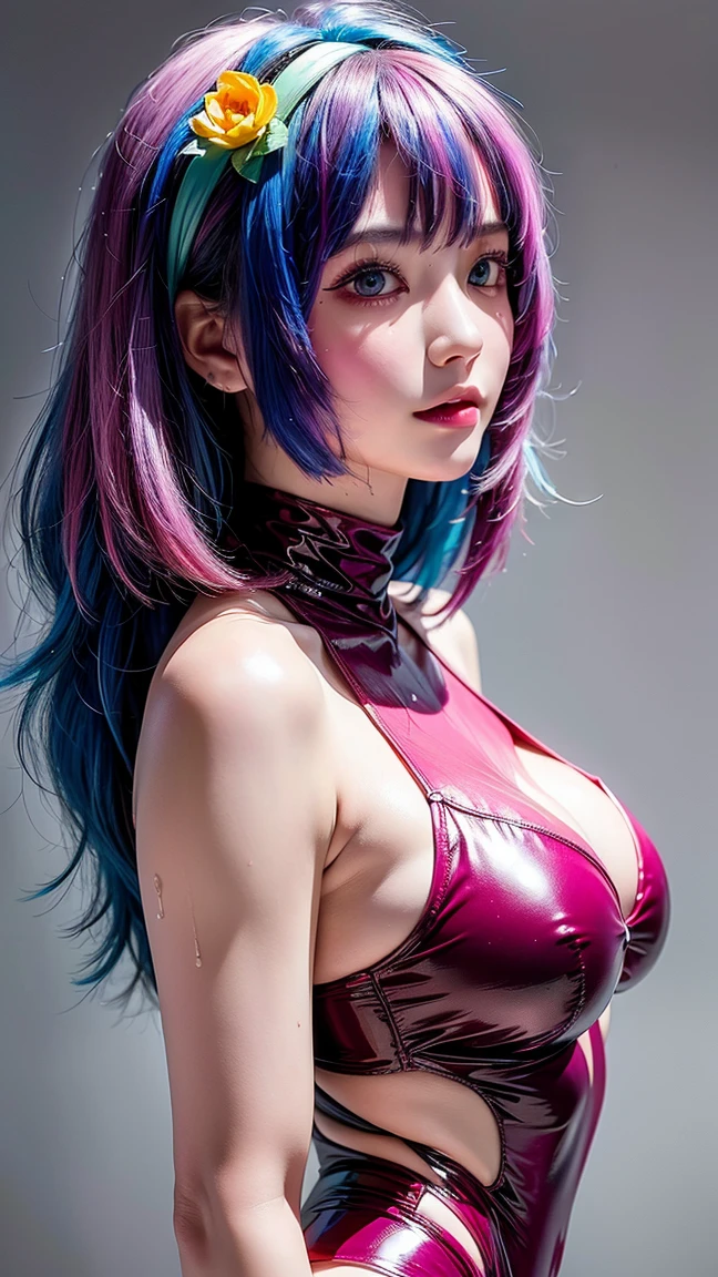 Anime Girl, Large Breasts, Cleavage, Colored Hair, Colored Eyes