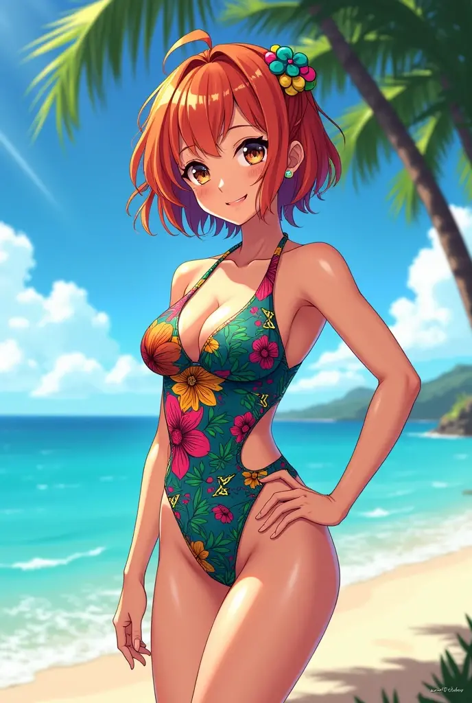 1girl,rubyred hair,bowlcut hair,half circle ahoge,blue green eyes,tareme,bikini,cowboy shot,