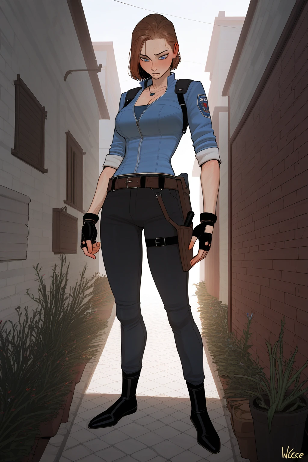((masterpiece, best quality)),(complex lighting) ,solo,(((1girl))) ,clementine, light skin,light-skinned female, baseball cap, green cargo pants, brown eyes, tight pants, combat boots, shirt, short hair, one short ponytail, open denim jacket, huge , thicc  , (((8k))), (((full body))), ((())), (((looking at the viewer))), (((view from in front of her))), 