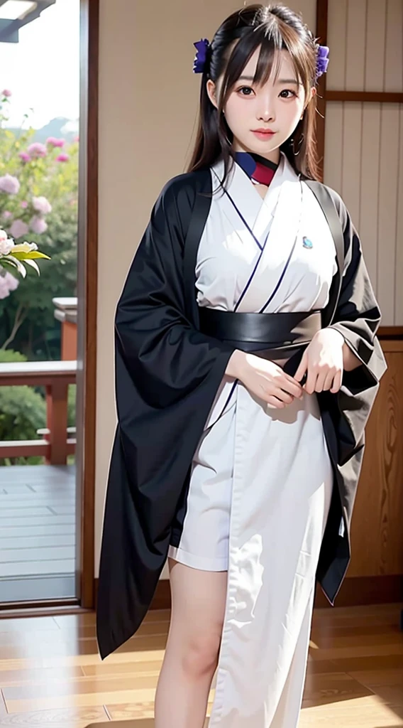 poneyTail A dark-haired Purple sleeveless kimono with exposed arms and legs beautiful thighs and arms A glimpse of red loincloth traditional Japanese room